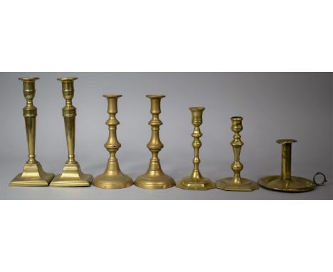 A Collection of Various 18th/19th Century Brass Candlesticks to include Two Pairs of 19th Century Examples, 18th Century Sing