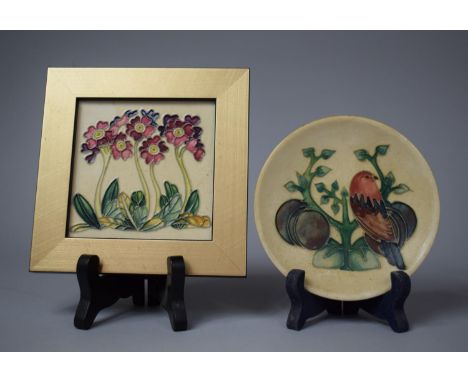 A Moorcroft Trinket Dish, 11.5cm and a Framed Moorcroft Plaque Dated 2012, 9.25cm Square 