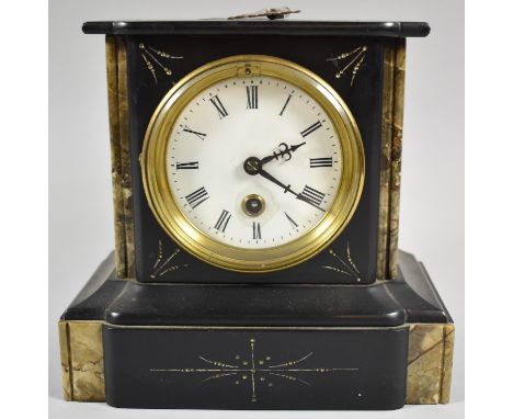 A French Slate and Marble Mantle Clock of Architectural Form, with Key and Pendulum, 20cm high 