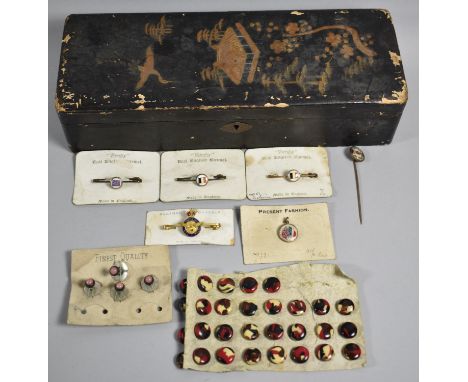 An Oriental Lacquered Box Containing Vitrifix WWI Enamel Badges and Pendants, RAF Sweetheart Brooch, Studs etc 