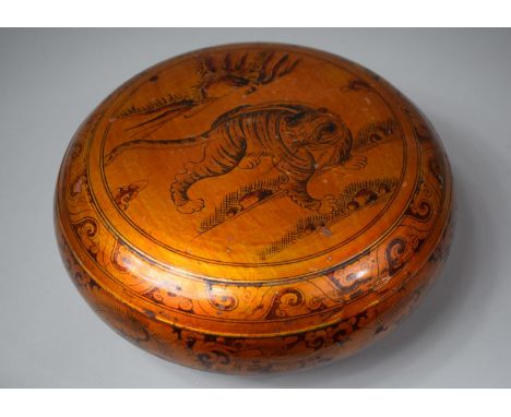 A Chinese Wooden Painted and Lacquered Circular Lidded Food Box with Snarling Tiger, the Inner Housing Import Wax Seal, 29.5c