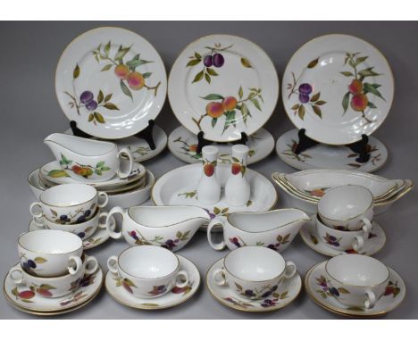 A Collection of 35 Pieces Royal Worcester Evesham Pattern Dinnerwares to include Soup Bowls, Side Plates, Plates, Sauce Boats