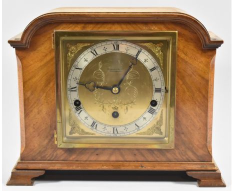 An Edwardian Walnut Cased Westminster Chime Mantle Clock by Elliot, 30cm wide 