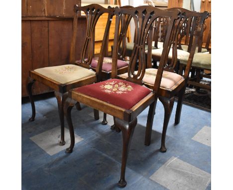 A Set of Four 19th Century Mahogany Framed Dining Chairs with Tapestry Pad Seats and Pierced Vase Shaped Splats 