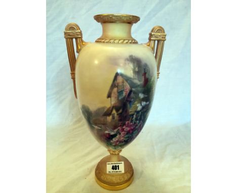 Royal Worcester vase with scenes of countryside house signed C.H. Baldwyn 31cm height