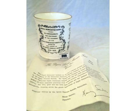 Royal Worcester tankard Centenary of R. Worcester museum with typed letter from Henry Sandon