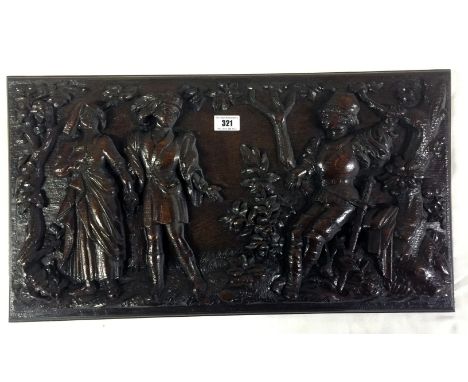 Artist Unknown, Relief -Carved Oak Panel depicting medieval figures in a woodland- setting, 60cm W x 33cm H