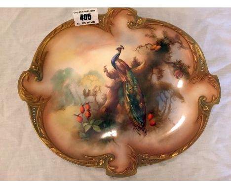 Royal Worcester peacock dish signed W. Powell 28 cm width