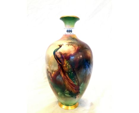 Royal Worcester peacock vase signed W. Powell 18 cm height