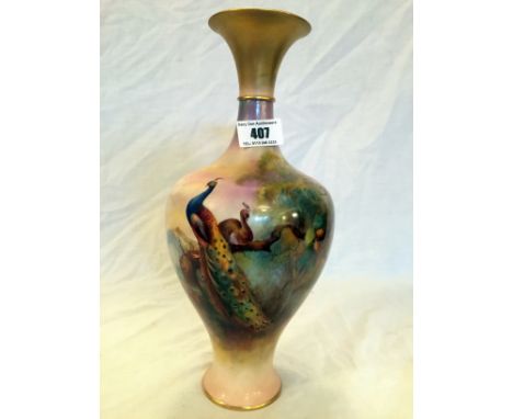 Royal Worcester peacock vase signed H. Martin 30 cm height