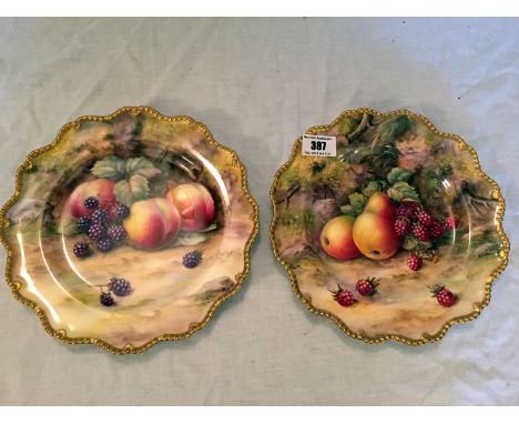 Royal Worcester pair of fruit plates signed T. Lockyer 23cm diameter (2 Small Hairline Cracks Not Showing Through On Plate Wi