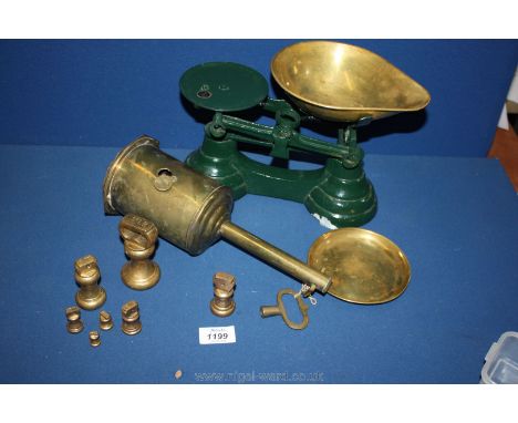A set of green kitchen Scales with weights and a Brass spit turner  with key.