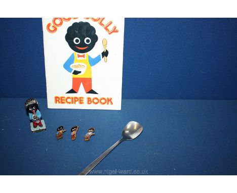 The 'Good Golly' recipe book, three enamelled Robertson Golly badges, clarinet player figure and jam spoon.