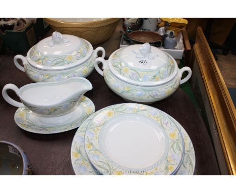 A Royal Worcester 'Summerfield' part dinner service including two lidded vegetable dishes, dinner plates, sauce boat, side pl