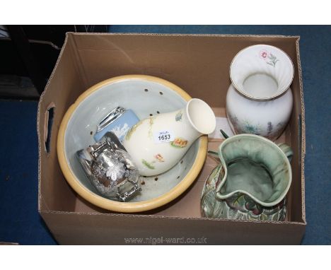 A quantity of china including two Aynsley fine bone china vases, ceramic colander (some damage), small ornamental clock, plat