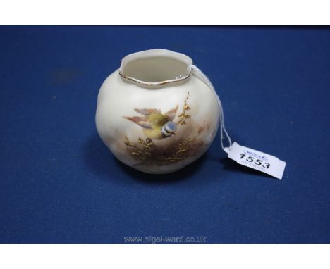 A Royal Worcester porcelain globular Vase with hand-painted blue tit perched on gilded branches, 3'' tall.  Date for 1910