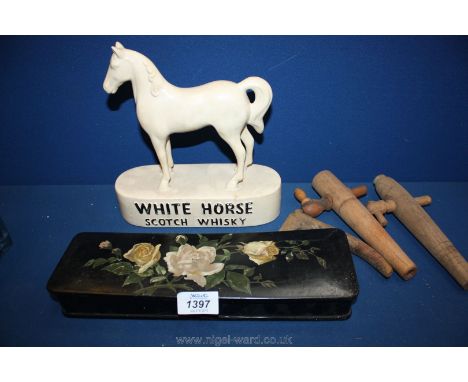 A quantity of miscellaneous to include a White Horse advertising scotch whiskey, a black enamel box, beer taps etc.