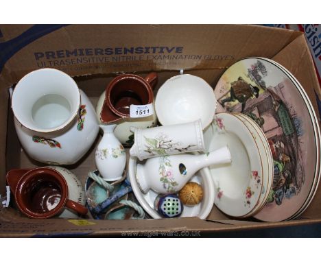 A quantity of china including two Royal Doulton plates, Royal Worcester dishes, two Royal Whitcombe/Torquay Ware jugs, Aynsle