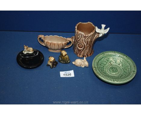 A small quantity of Wade including trunk vase with bird, Corgi 'Whimtray', oval scalloped vase and three Wade Whimsies, rabbi