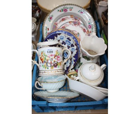 A box of miscellaneous china including a Jane Dean floral jug,  Royal Worcester dish, blue floral trio, miscellaneous tea pla