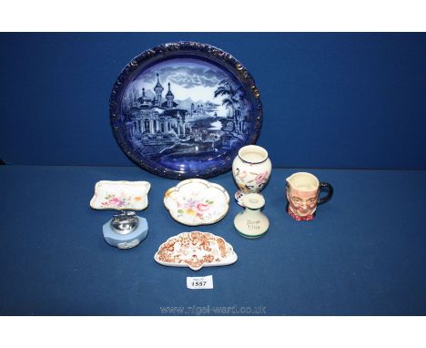 Three Royal Crown Derby trinket dishes, Jasperware table lighter, small character jug, display plate etc.