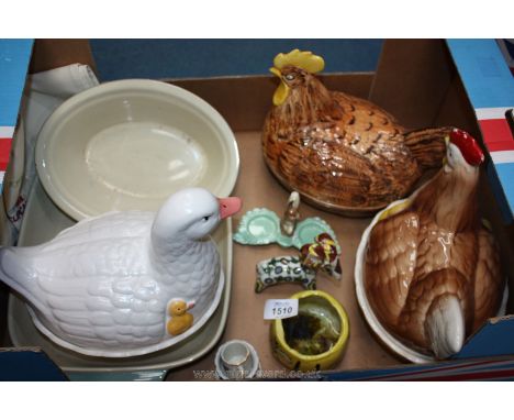 A box of three ceramic egg chickens and two Denby dishes, etc.