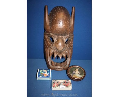 A vintage Rowntrees toffee tin, metal Japanese trinket box, Liberty &amp; Co. cotton bow-tie, large African Tribal mask, 22''