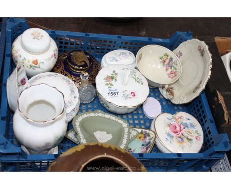 A quantity of trinket pots, cup and saucer, Wedgwood, green Jasperware, Aynsley, etc.