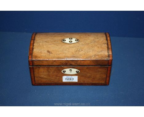 A 19th c. dome lid Mahogany tea caddy with ebony, boxwood and rose wood crossbanding the two section interior lined with foil