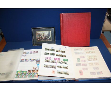 Three stamp albums and a framed set of Jersey stamps featuring 'The Death of Maj. Pierson', portrait by J.S Copley.