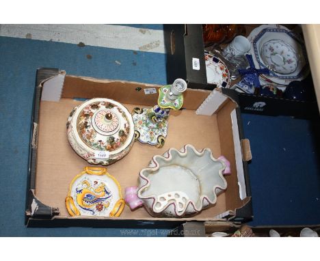 A large coloured Bowl with scalloped edges and pink/green flowers, candlestick, marie dish with Dragon pattern and Capo-di-mo