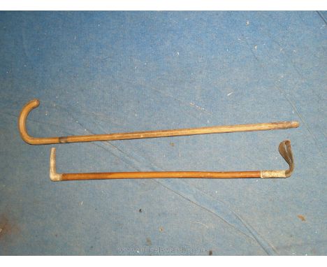 A wooden walking stick and a bone handled riding crop.