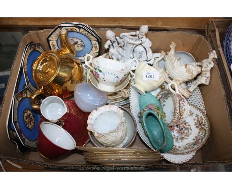 A quantity of china including figurines, Wedgwood 'Honolulu'  plate, Jasperware, various cups and saucers, etc