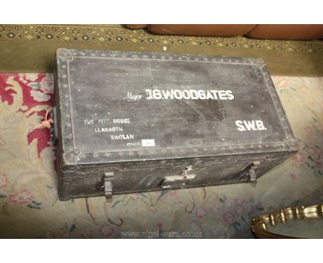An old metal bound military Chest by ''the Beales &amp; Selkirk Trunk Co'' painted to the lid Major J.G. Woodgates, SWB - The