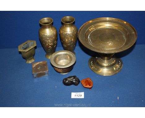 A box of miscellanea including Tibetan ceremonial bowl, mid-east brass flask, stand etc.