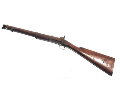 A PERCUSSION TWO-BAND ENFIELD TYPE CAVALRY CARBINE  with a tapering 22 inch (56cm) rounded twin sighted barrel, plain unmarke