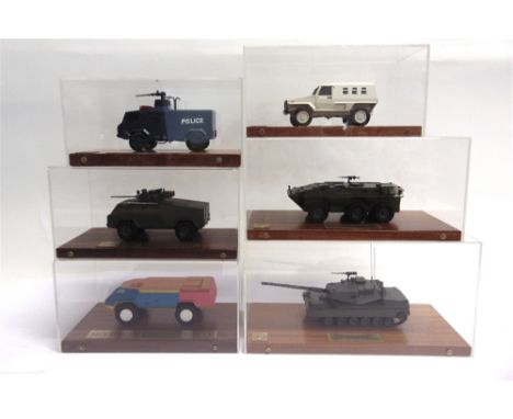 SIX HAND-BUILT RESIN EXHIBITION MODELS OF ARMOURED ANTI-RIOT, SECURITY &amp; COMBAT VEHICLES  approximately 1/32 scale, produ