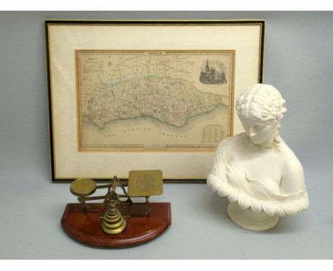 A VICTORIAN PARIAN WARE BUST OF 'CLYTIE', STAMPED B.B-W & M (H: 28.5 cm) TOGETHER WITH A SET OF POSTAL SCALES  AND A MAP OF S