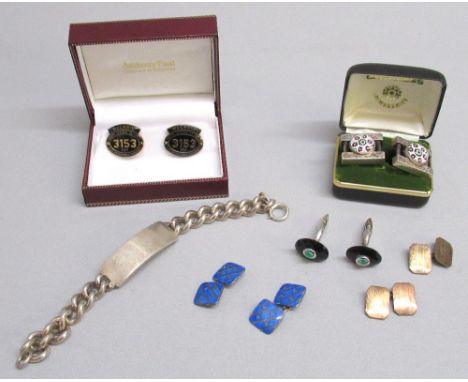A SILVER IDENTITY BRACELET (55g), A PAIR OF CAITHNESS SILVER AND MILLEFIORI DECORATED CUFFLINKS, BOXED, A PAIR OF SILVER CUFF