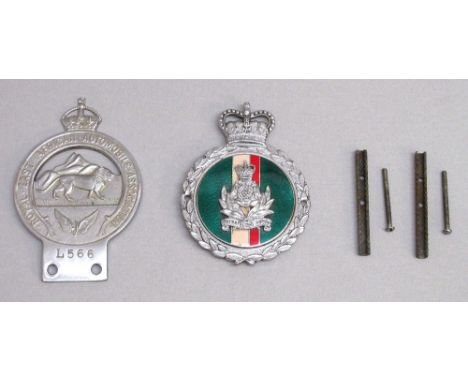 ROYAL EAST AFRICAN AUTOMOBILE ASSOCIATION CHROME CAR BADGE No. L566 AND AN INTELLIGENCE CORPS CHROME AND ENAMEL CAR BADGE BY 