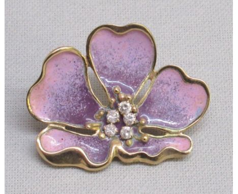 A 9ct GOLD ENAMEL FLORAL PIN BROOCH SET FIVE DIAMONDS (5/16th ct), BY NG (8.8g GROSS)