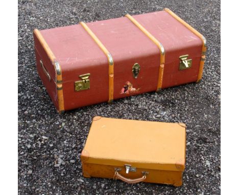 A BEECH BOUND CABIN TRUNK AND A SMALL SUITCASE [2]
