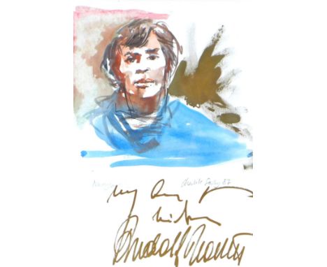 Charlotte Fawley (British, 20th century): 'Nureyev', a portrait, signed in gold pen 'My Best Wishes' by Rudolf Nureyev, signe