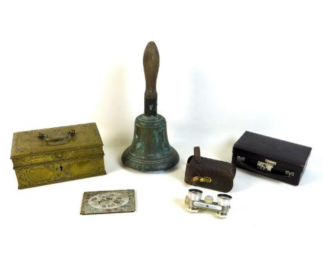 A group of collectables, comprising a 19th century bronze hand bell with iron clapper, 15.5 by 31cm (13cm to top of bell), a 