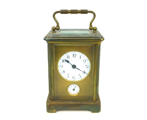 An early 20th century Charles Such &amp; Co. carriage clock with alarm, an enamel Arabic dial with subsidiary alarm dial, chi
