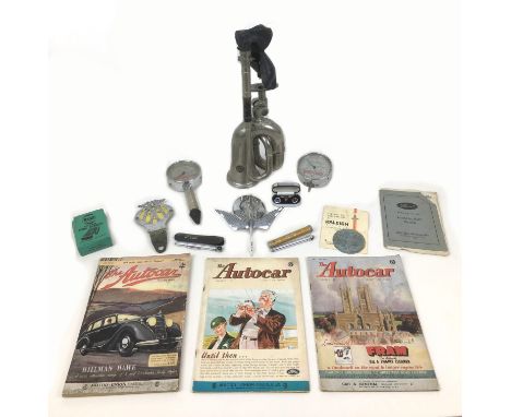 A collection of vintage automobilia, including of a Hispano Sueza style car mascot, three mid 20th century issues of Autocar,