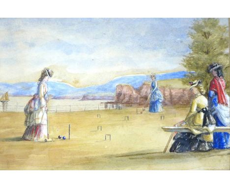 British School (late 19th century): ladies playing croquet on the beach, unsigned, watercolour, 14 by 21, framed and glazed, 