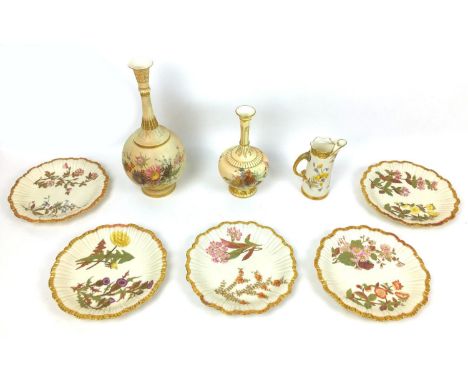 Eight pieces of Victorian Royal Worcester blush ivory wares, all decorated with hand painted flowers, comprising two pieces d