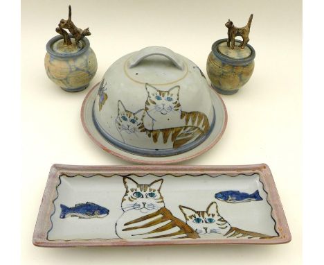 A large group of studio pottery, comprising a jug, six goblets, two cups and saucers, three Northshore pottery jars of differ