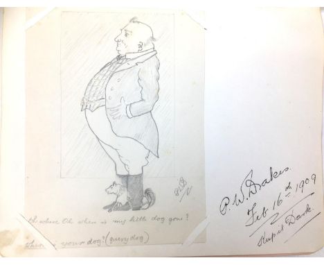 An Edwardian scrapbook with early to mid 20th century entries, including drawings and cartoons, postcards, together with a si